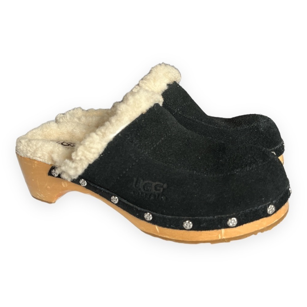 UGG Australia Black Kalie Suede‎ Shearling Lined Studded Clog Mules Slides